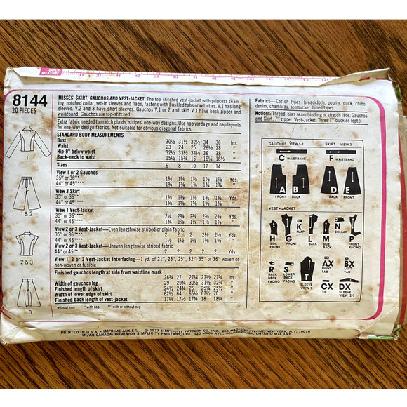 Vintage 1970s Simplicity 8144 Sewing Pattern Size S Skirt Gaucho Jacket COMPLETE - Picture 2 of 2